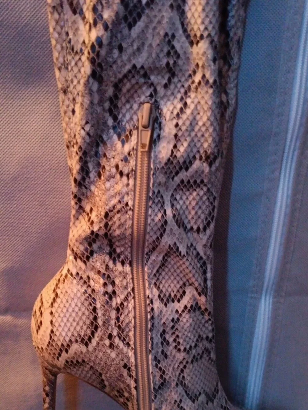 Snake-Print Thigh-High Stiletto Boots - Beige/Black